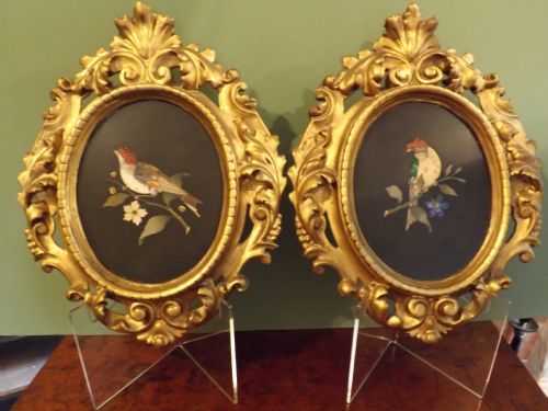 pair c19th italian pietradura bird picturesplaques in original frames