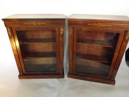 pair c19th victorian period figured walnut dwarf pier cabinets