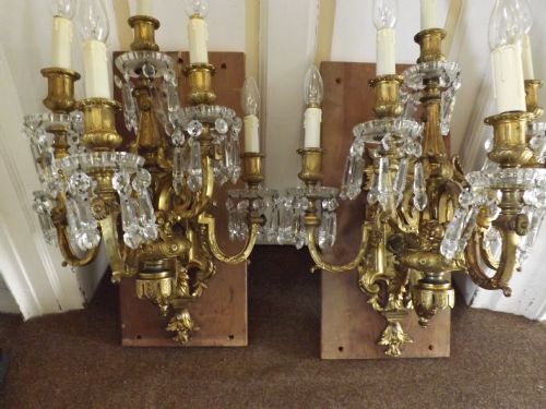 pair late c19th ormolu and cutglass walllights sconces