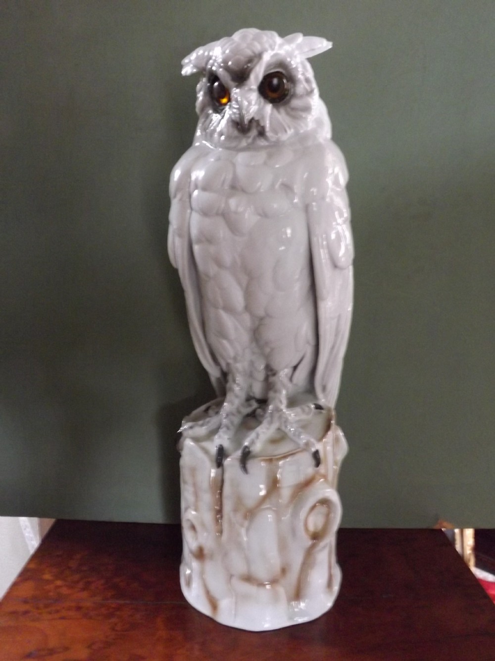 large late c19th early c20th italian capodimonte porcelain owl lamp with glass eyes