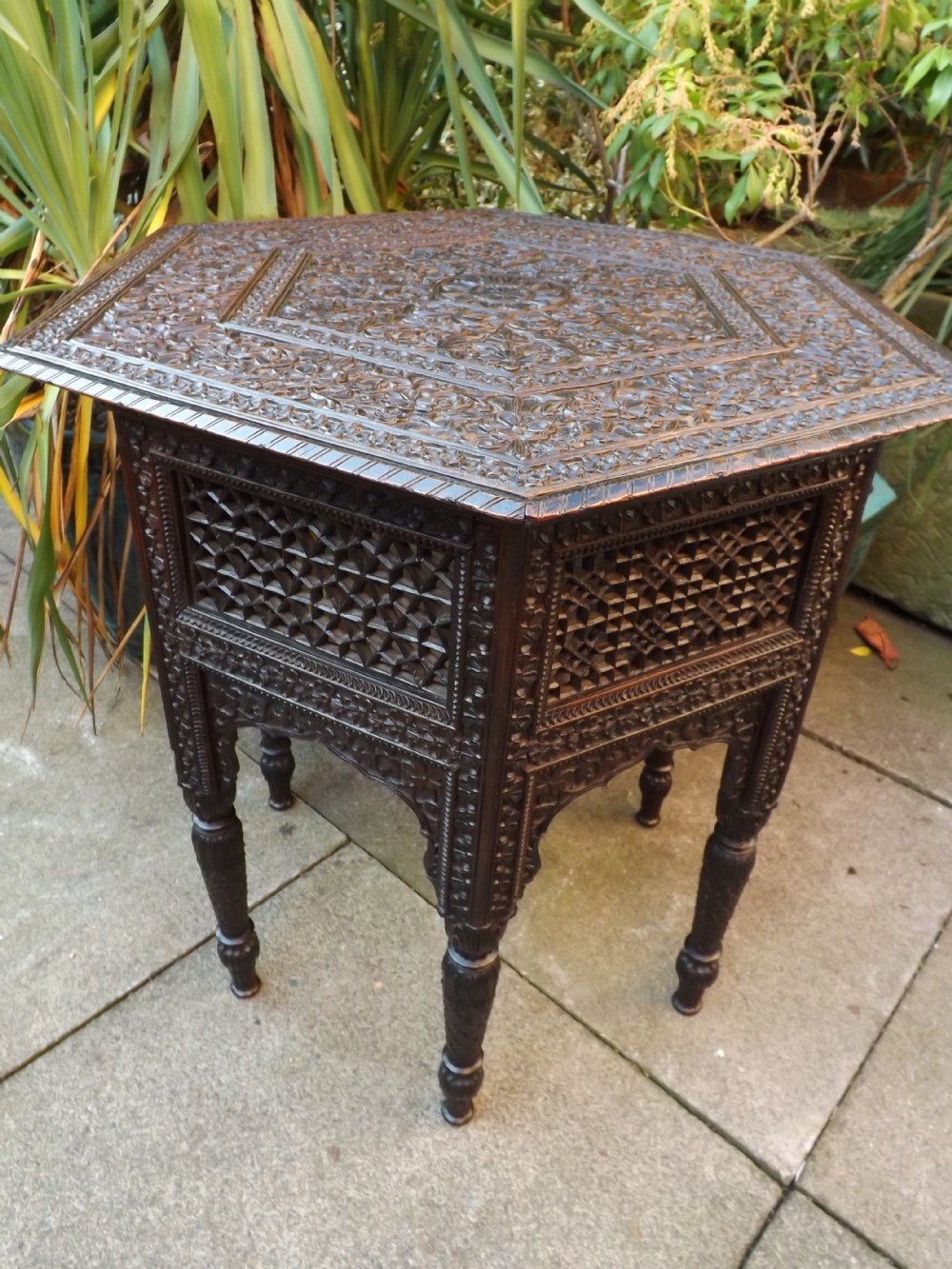 c19th indian carved teak hexagonal centre table