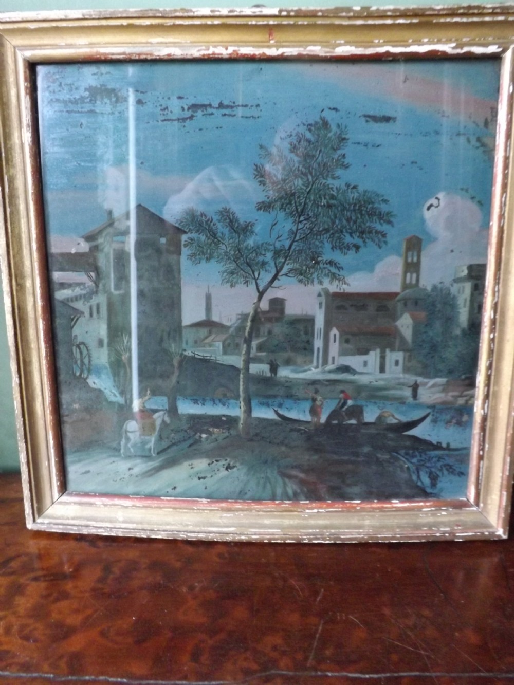 late c18th italian reversepainted glass picture in giltwood frame