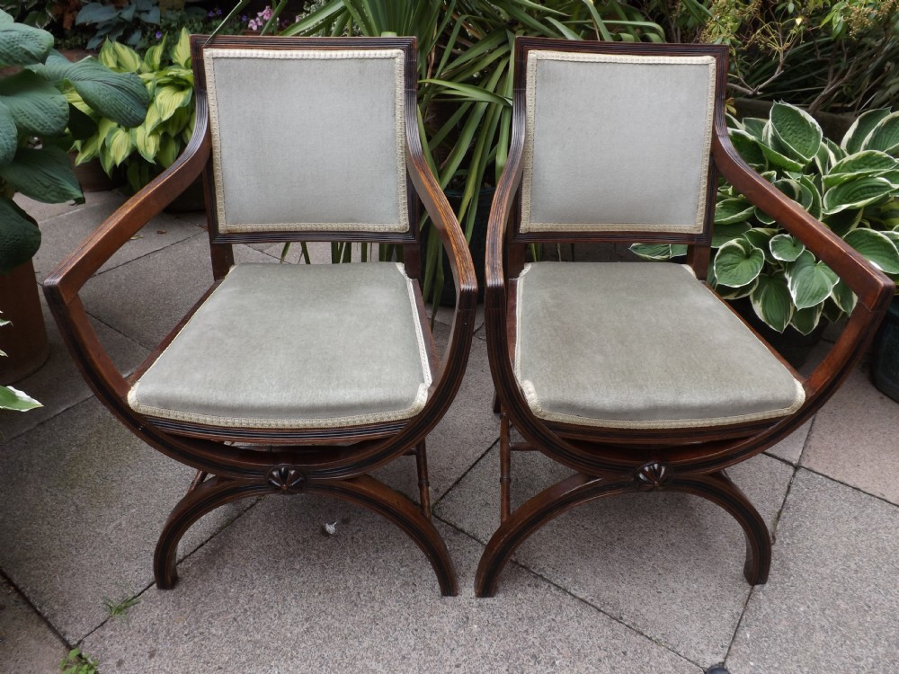 pair of early c20th regency style reeded frame mahogany armchairs