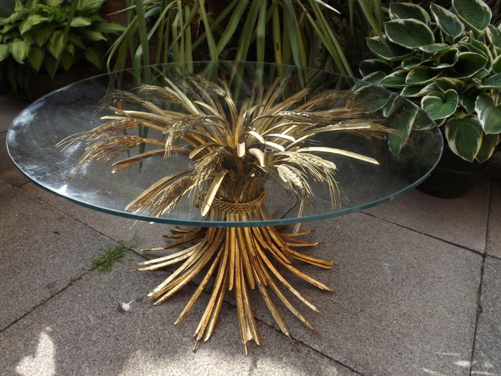 midc20th italian giltmetal 'wheatsheaf' based glasstop occasional table