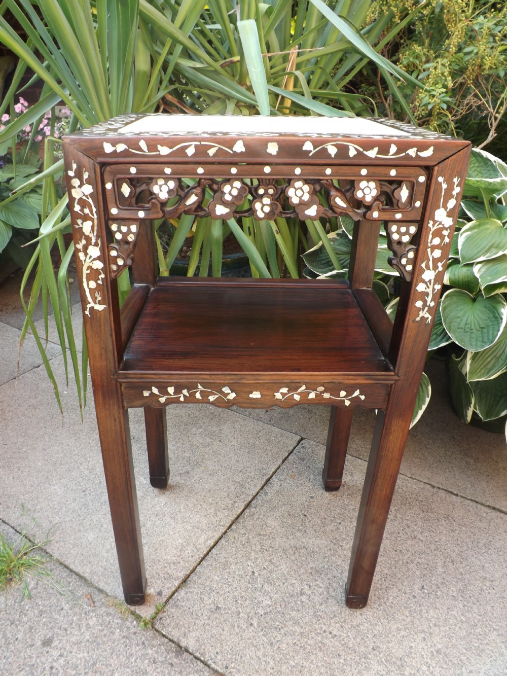 late c19th chinese 'mother o' pearl' inlaid hardwood 2tier stand