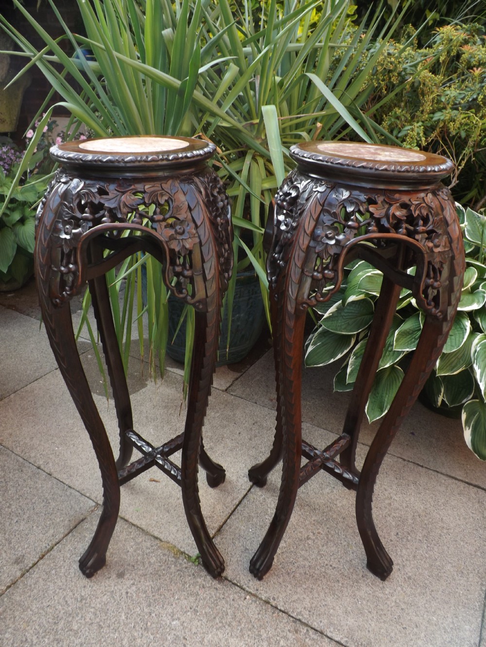 pair of c19th chinese late qing dynasty carved hardwood inset marbletop jardinire or vase stands