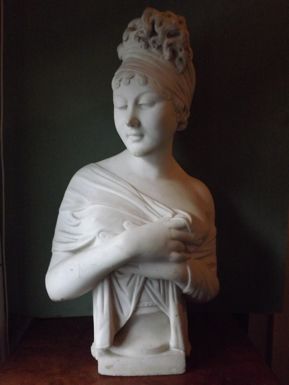 c19th carved white statuary marble bust of madame juliette recamier after the original study by joseph chinard