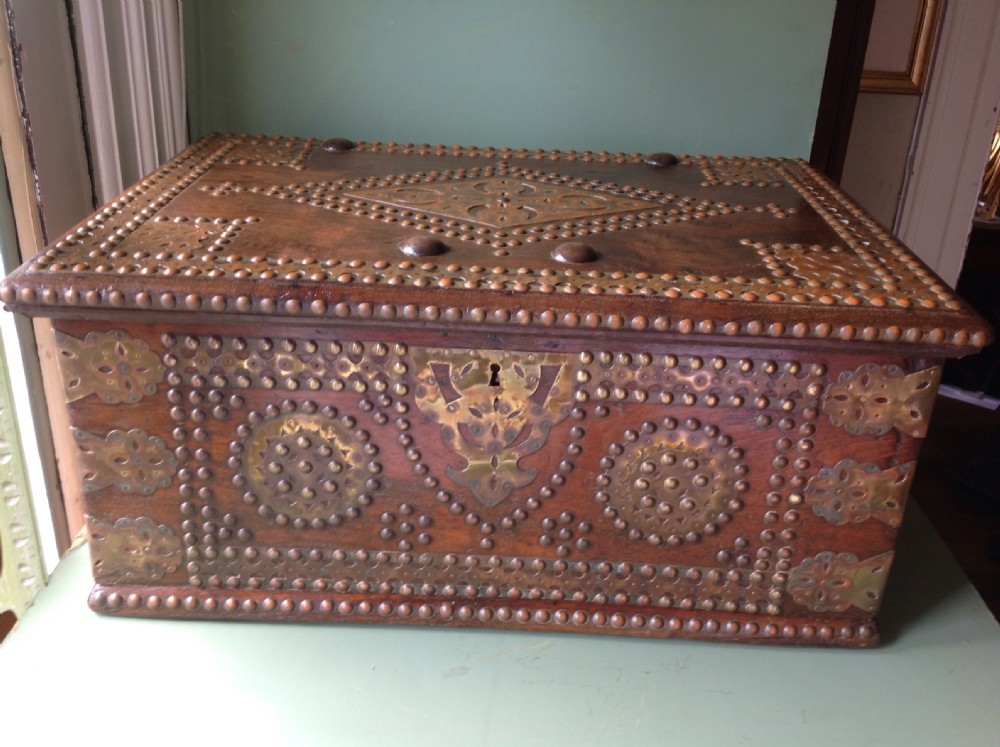 c19th indian colonial brassbound teak scribe's casket or strongbox
