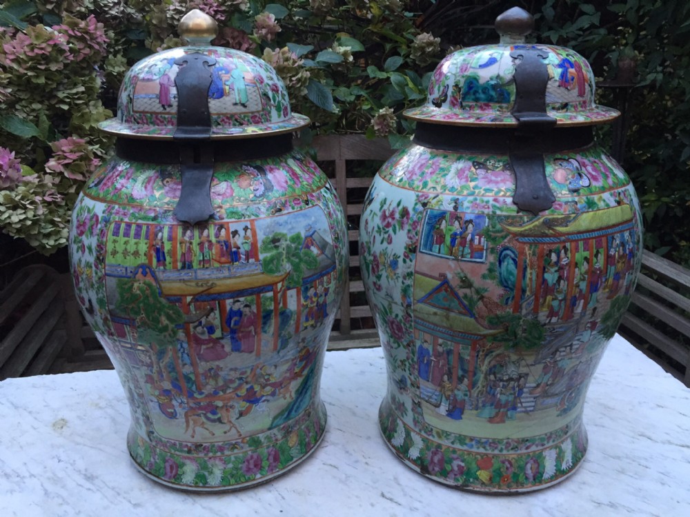 large pair of mid c19th chinese cantonese polychromedecorated porcelain temple jars