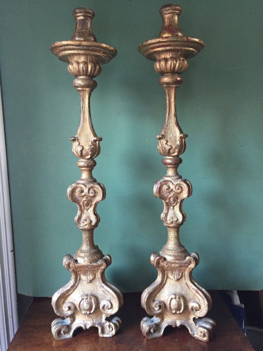 pair of c19th italian carved giltwood candlesticks