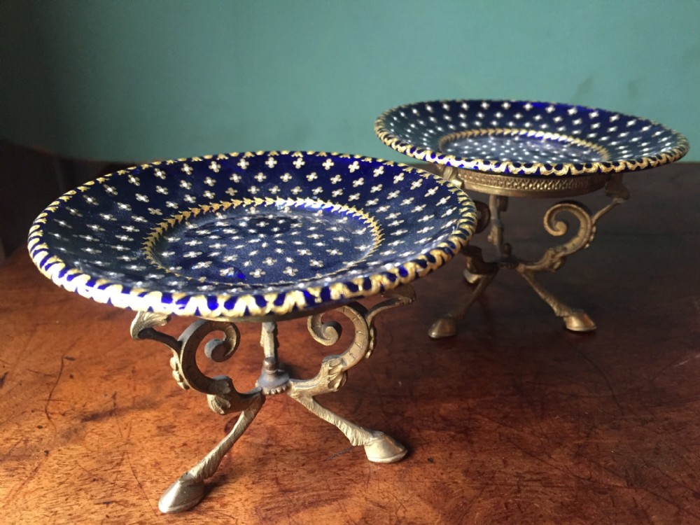 pair of late c19th french miniature enamel tazzas on ormolu bases