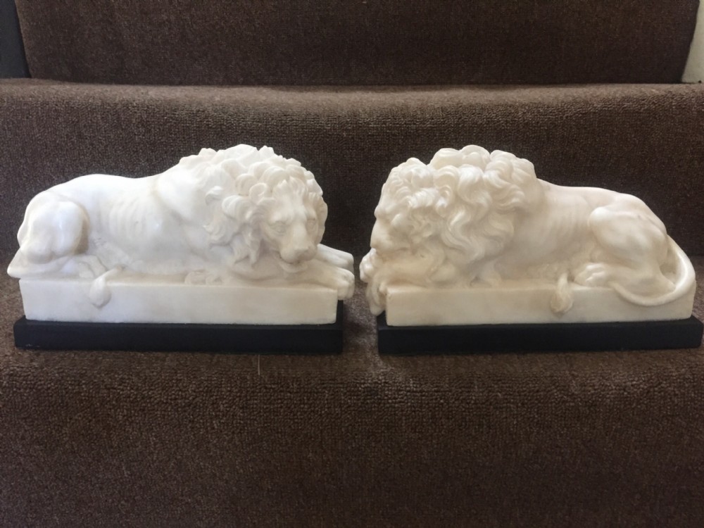 fine pair of c19th italian 'grand tour' souvenir carved alabaster lions after antonio canova