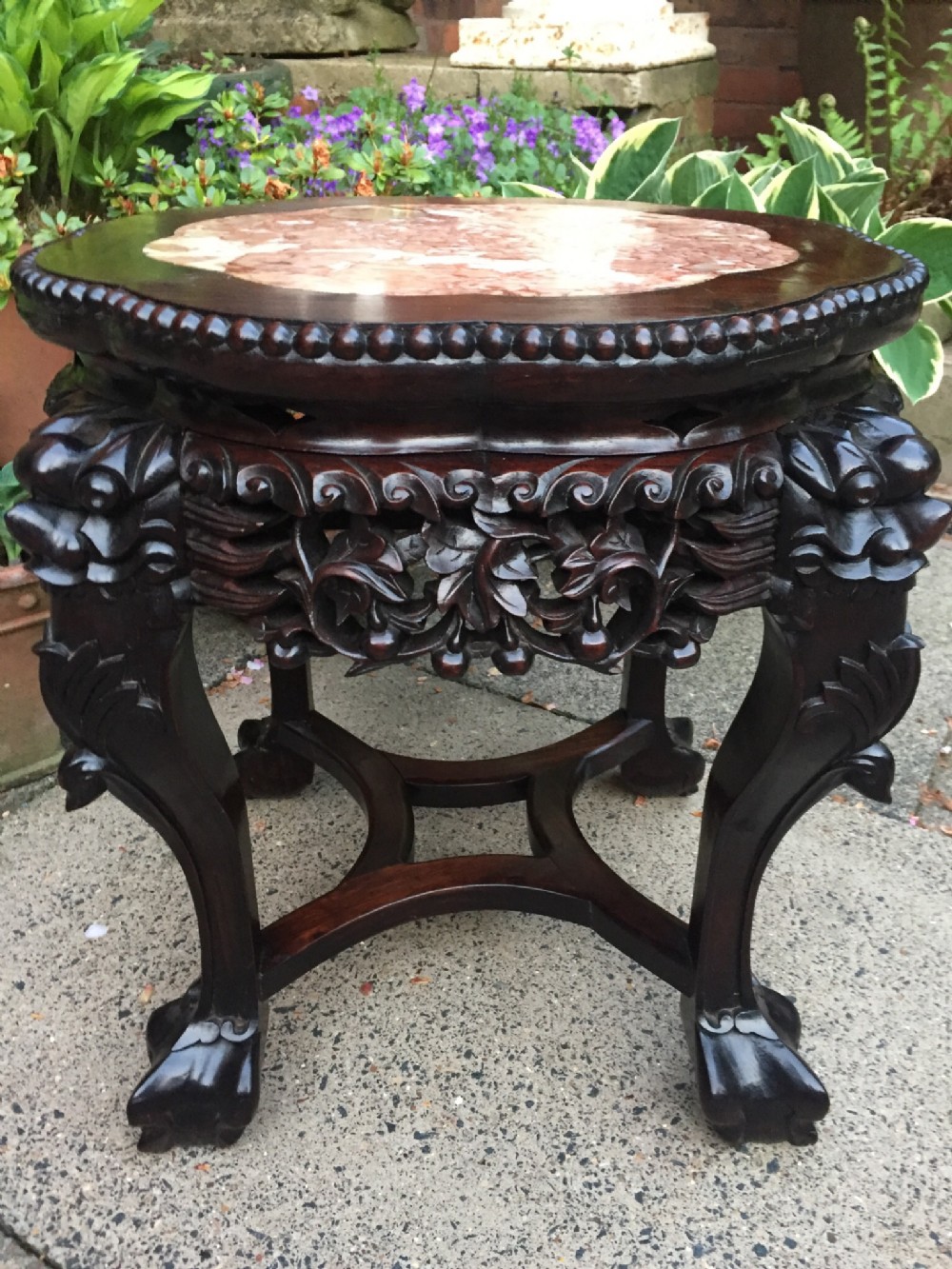late c19th chinese qing dynasty carved hardwood low jardiniere stand with inset marble top