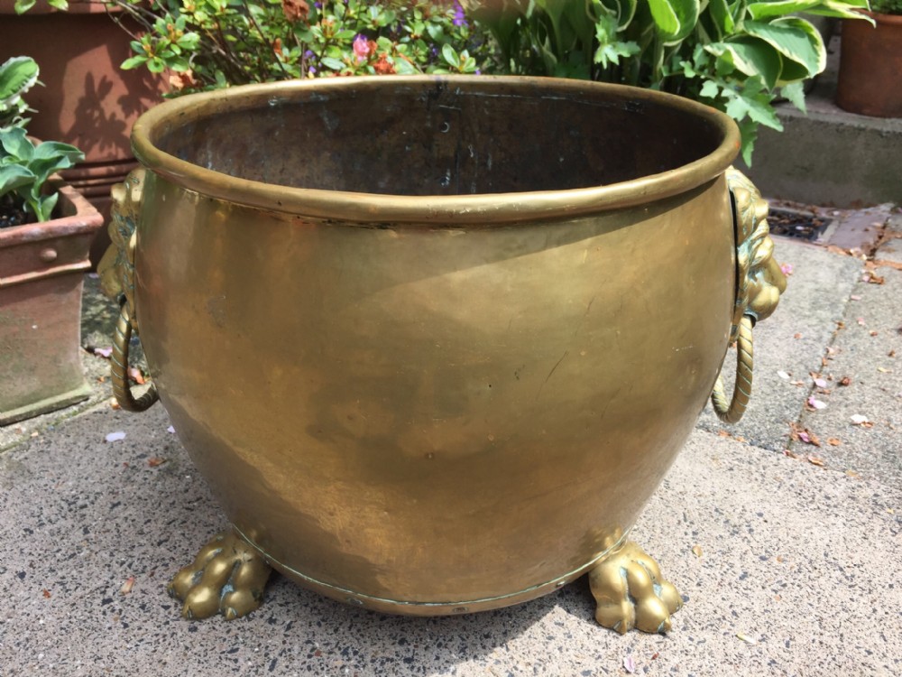 late c19th brass jardiniere with exceptional large lionmask ring handles