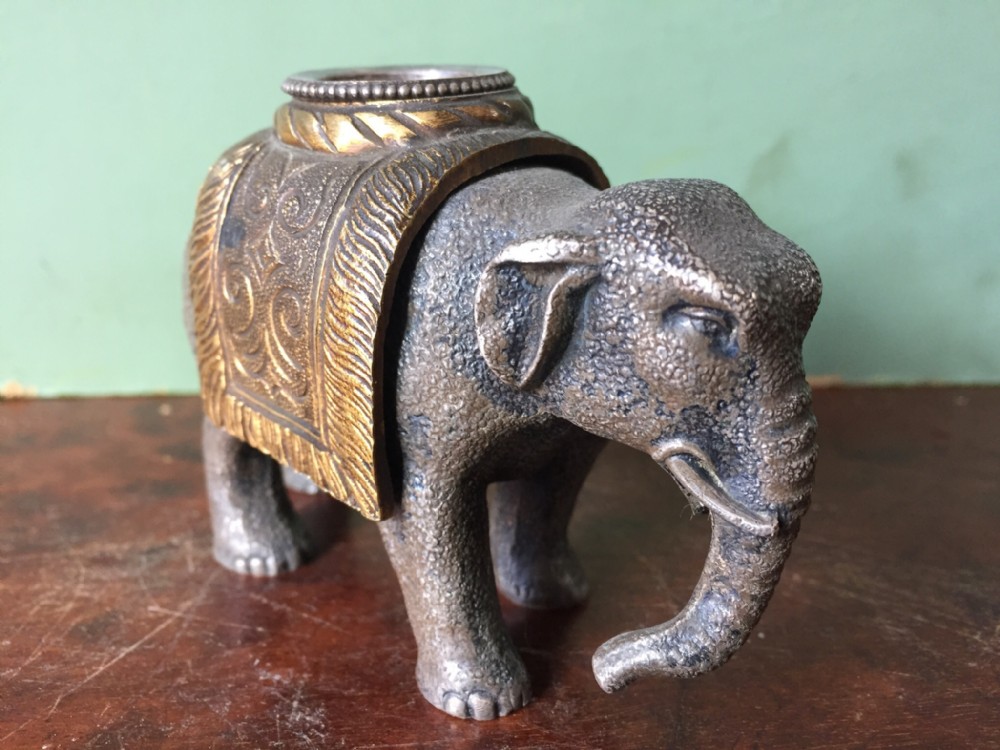 late c19th silveredbronze miniature elephant desktop inkwell or knibcleaner
