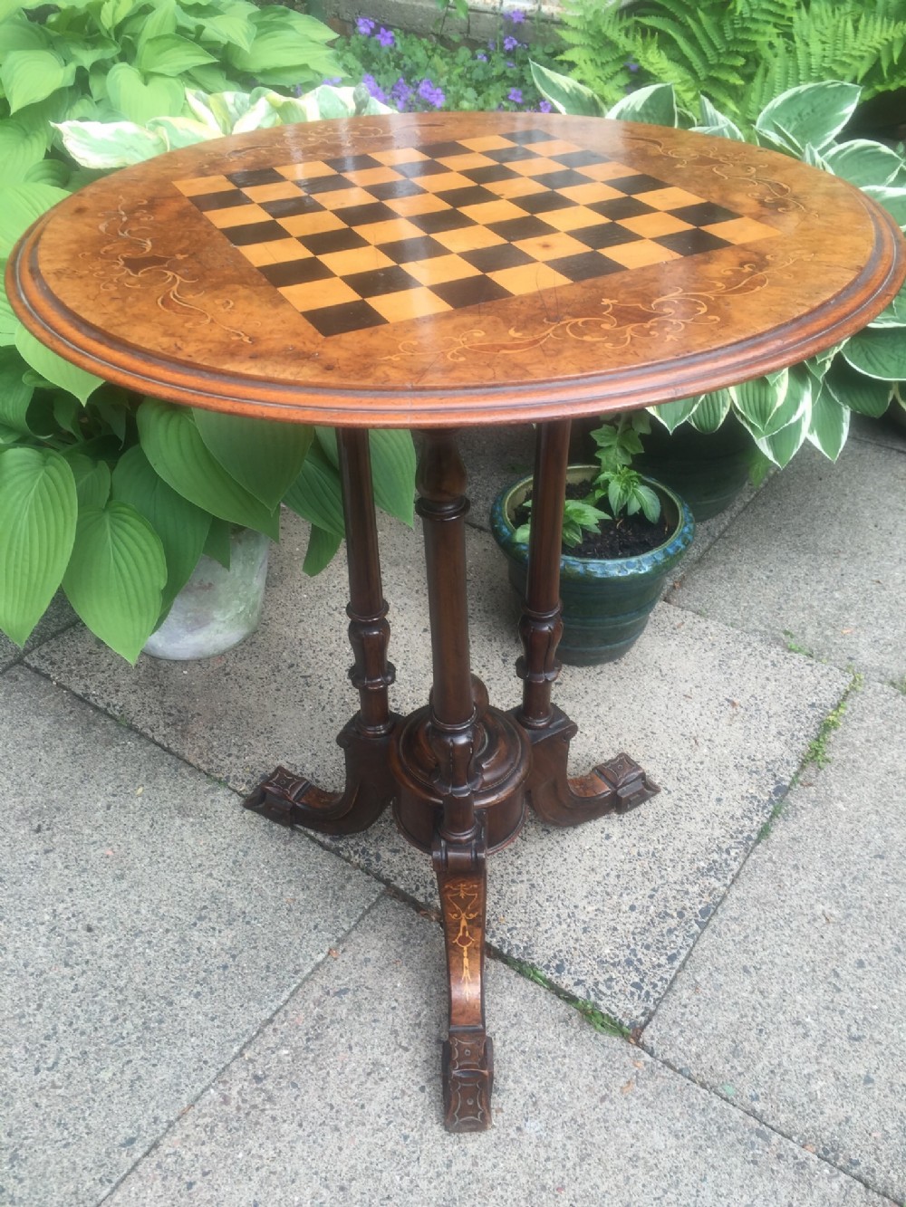 c19th victorian period walnut circular occasional table with inlaid chequerboard games top