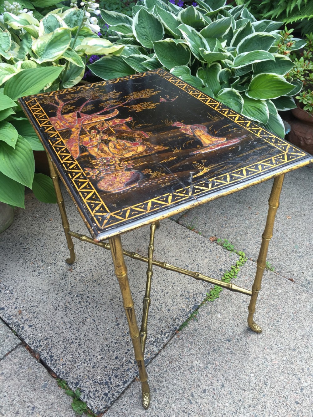early c20th french chinoiserie lacquertop occasional table on giltbrass 'faux bamboo' base