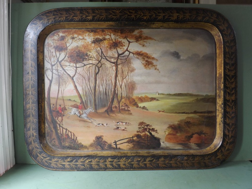 rare early c19th regency period papiermch tray decorated with foxhunting scene