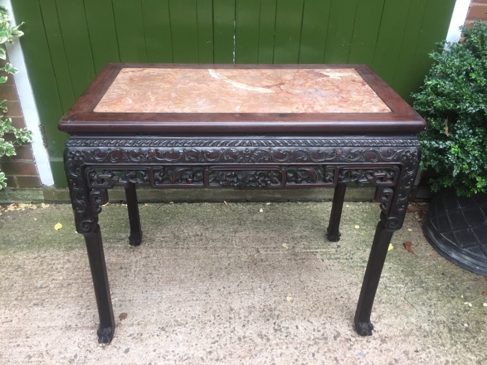 c19th chinese qing dynasty carved 'hongmu' marbletopped centre table
