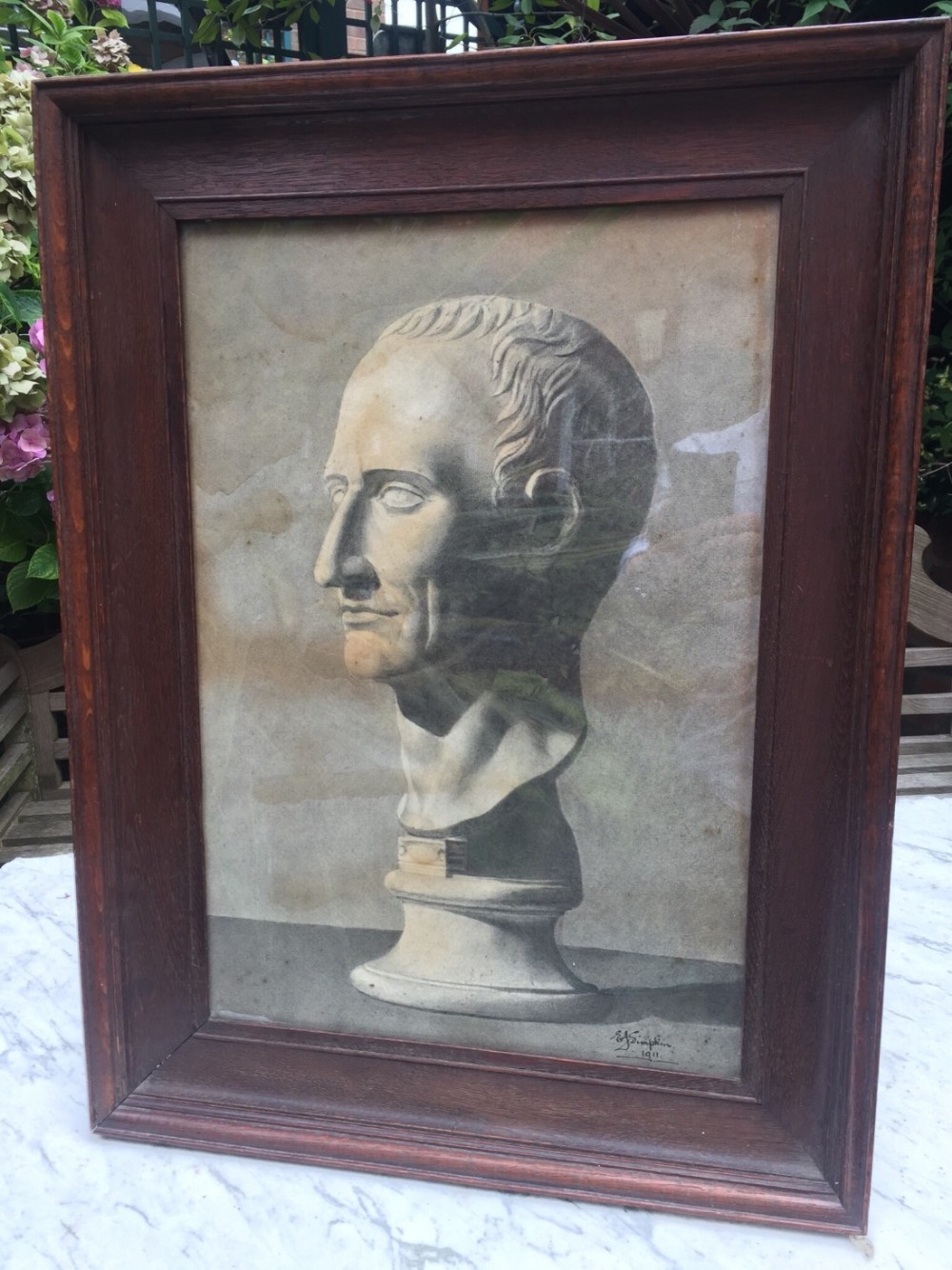 early c20th charcoal and pencil study of a bust of julius caesar in oak frame of 'grand tour' interest