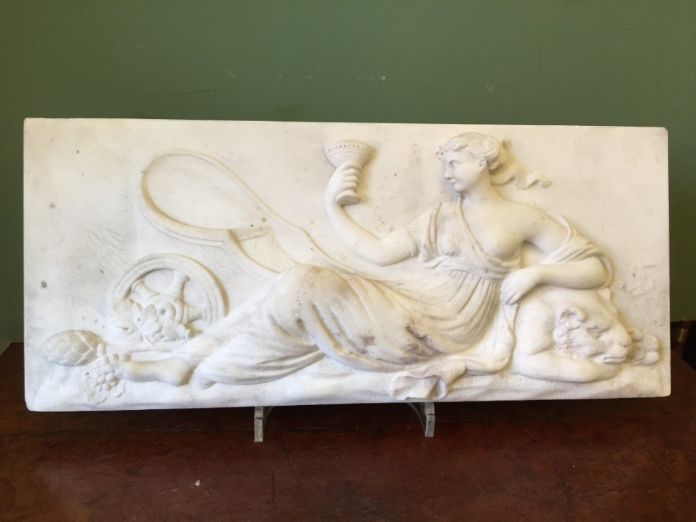 early c19th regency period carved statuary marble firesurround tablet of classical design probably depicting cybele