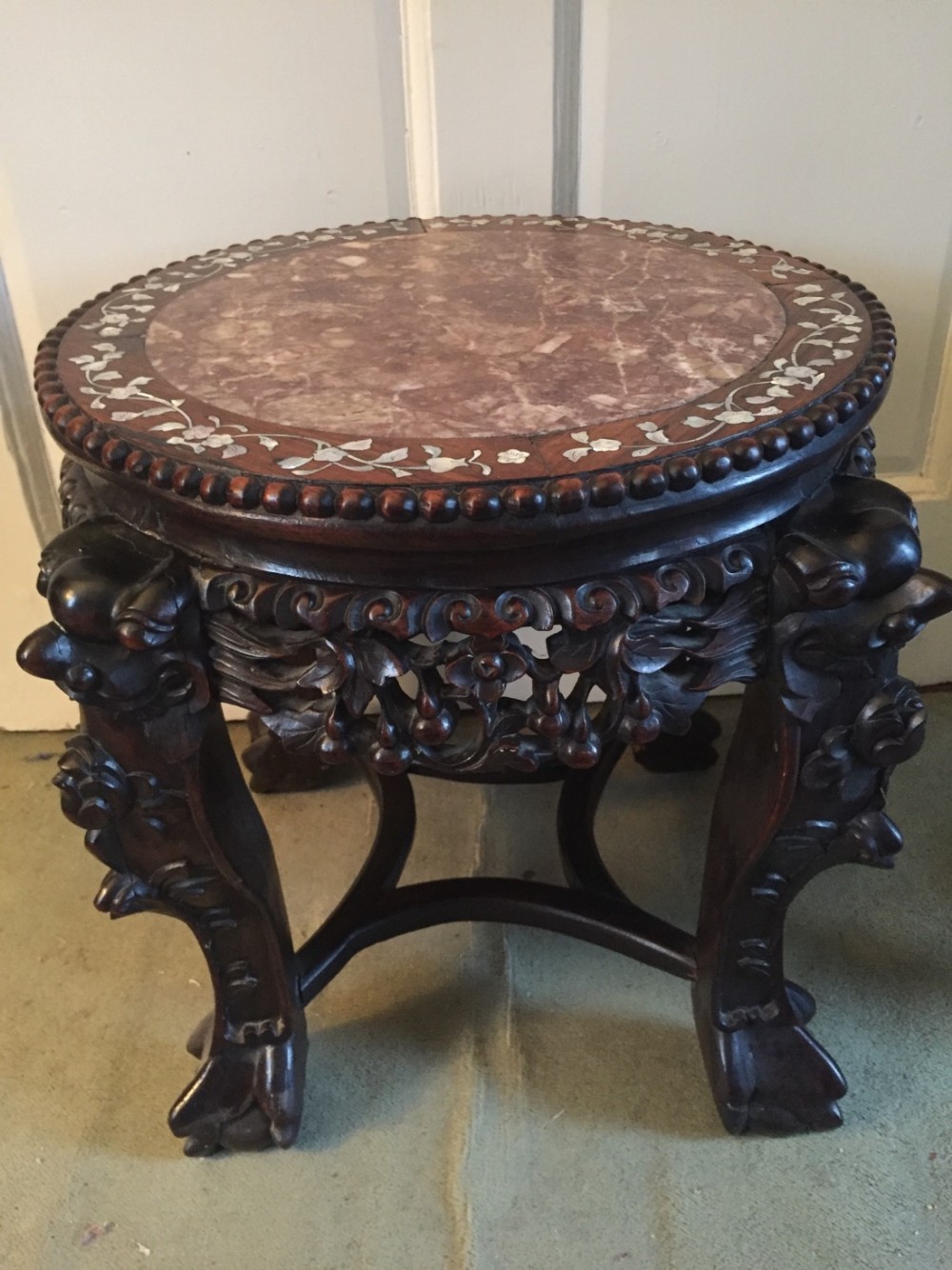late c19th chinese qing dynasty carved hardwood marble top jardiniere stand