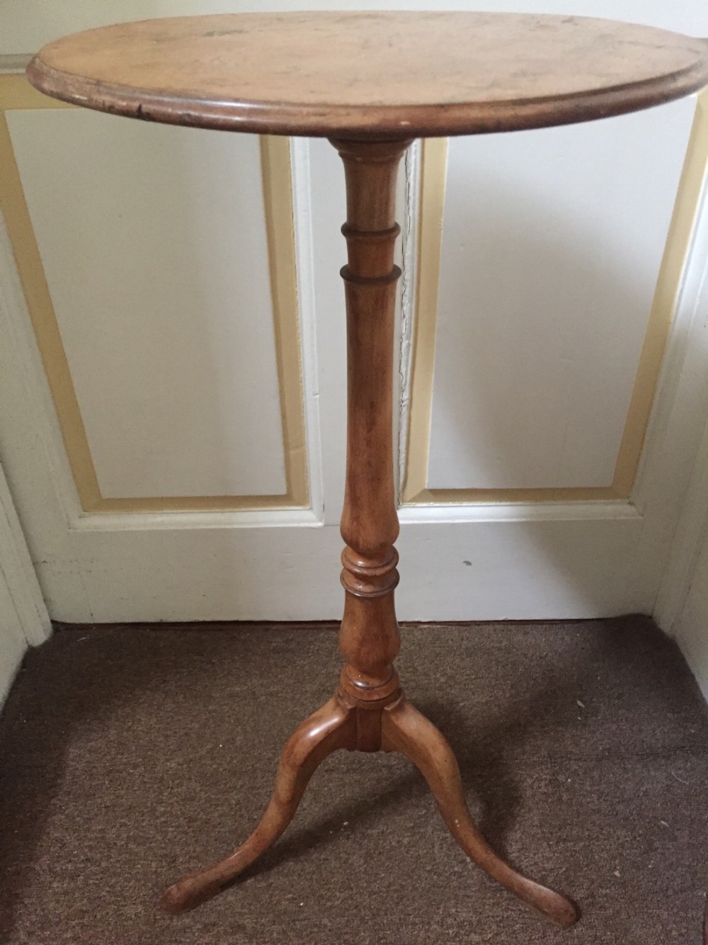 c19th satinbirch circular topped tripodbase candlestand or occasional table in the manner of holland sons