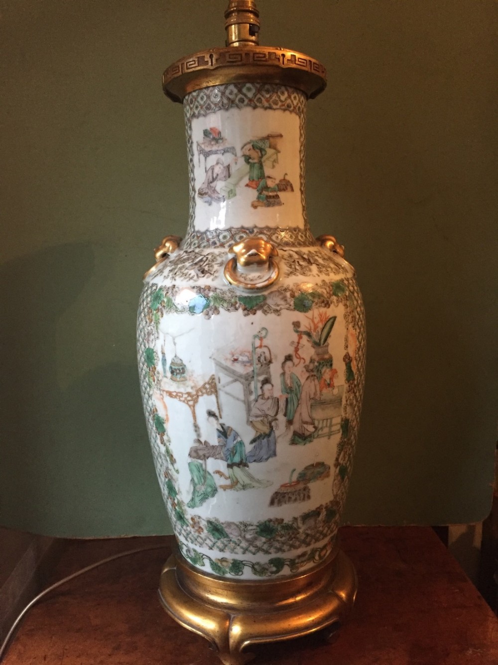 c19th chinese qing dynasty porcelain 'famille verte' palette decorated vase lamp in the c18th qianlong period style