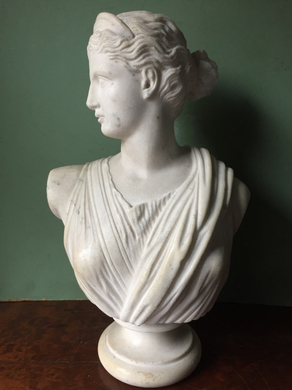 early c19th carved white statuary marble bust study of diana