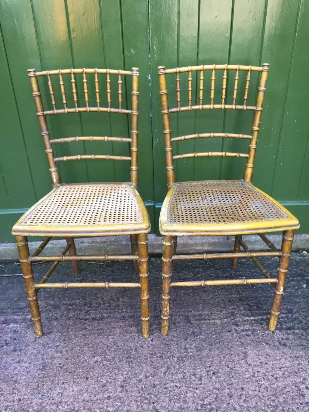 pair of early c19th simulated'faux' bamboo decorated bedroom chairs