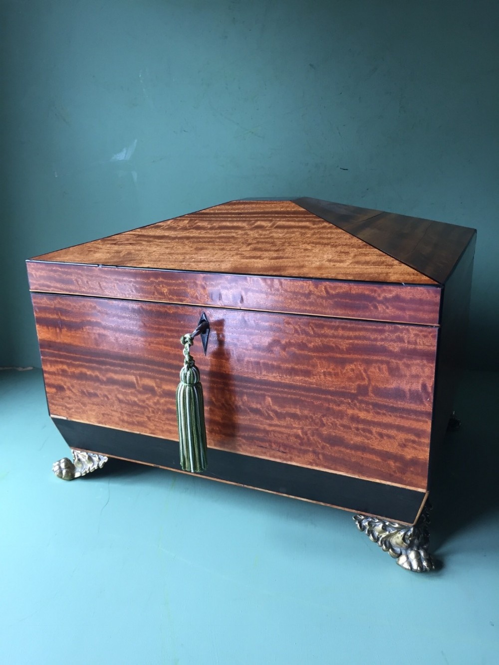 early c19th regency period satinwood and ebony sewing casket or box of sarcophagus form