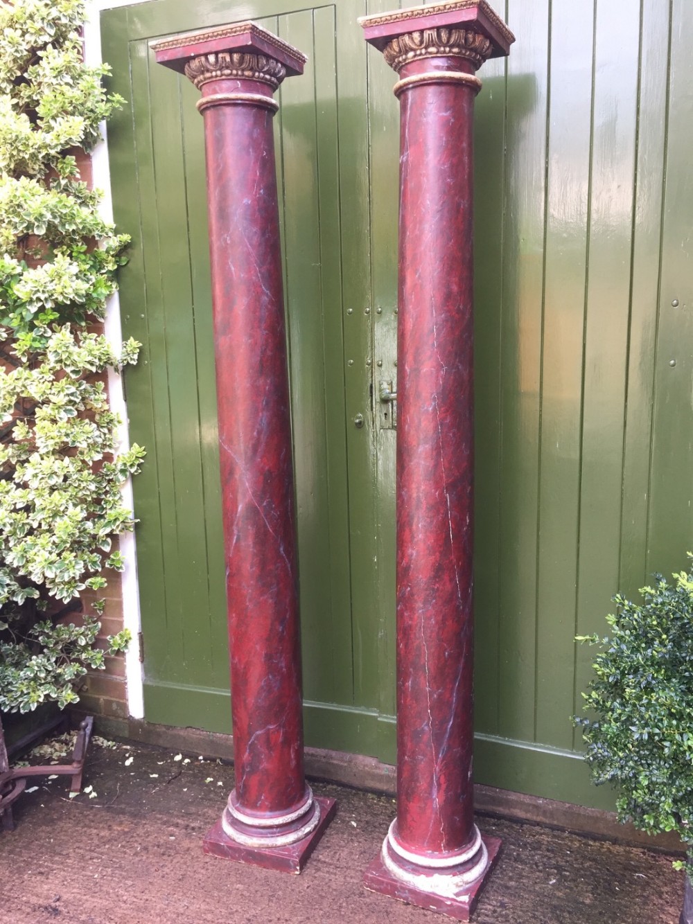 pair of late c18th george iii period 'faux' or simulated rouge marble wooden tuscan columns