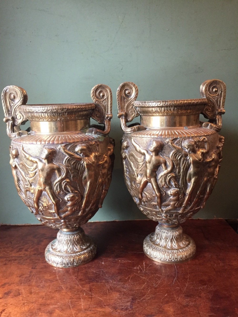 pair of mid c19th gilded brass 'grand tour' souvenir volute krater vases known as the townley vase