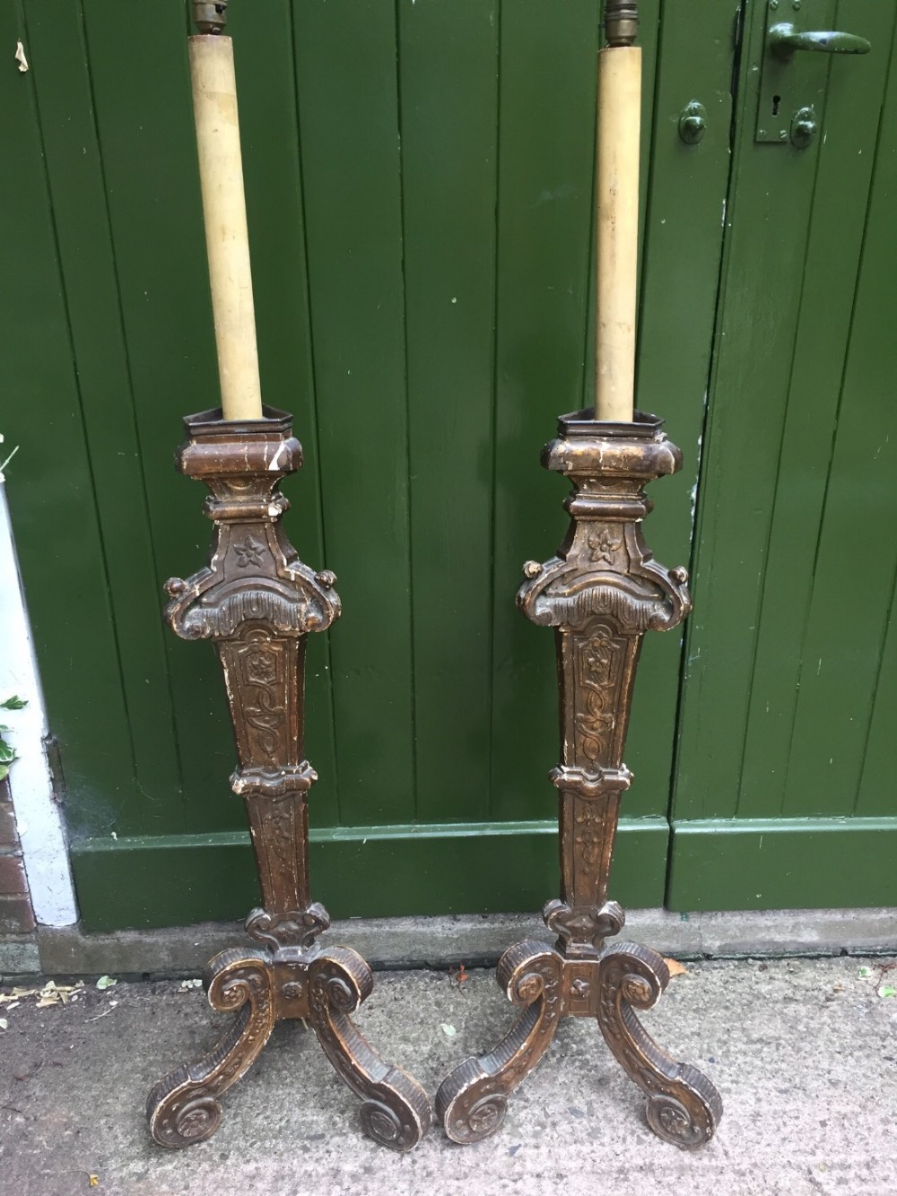 pair of c18th italian giltwood altar type candlestick lamps