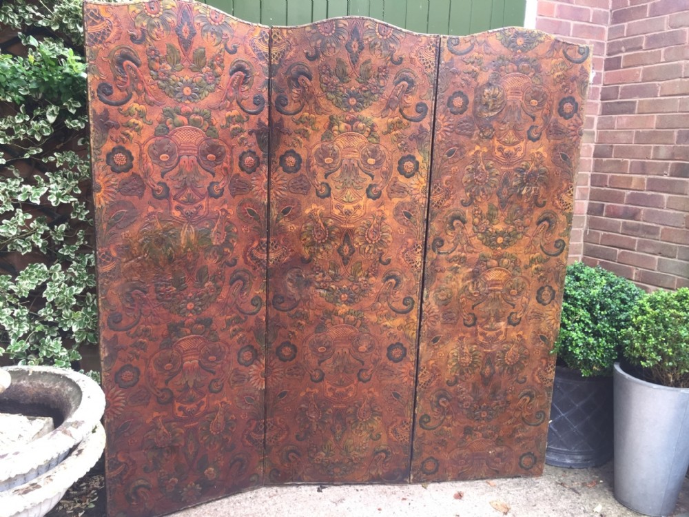 late c19th embossed leather 3fold screen or room divider with arched top
