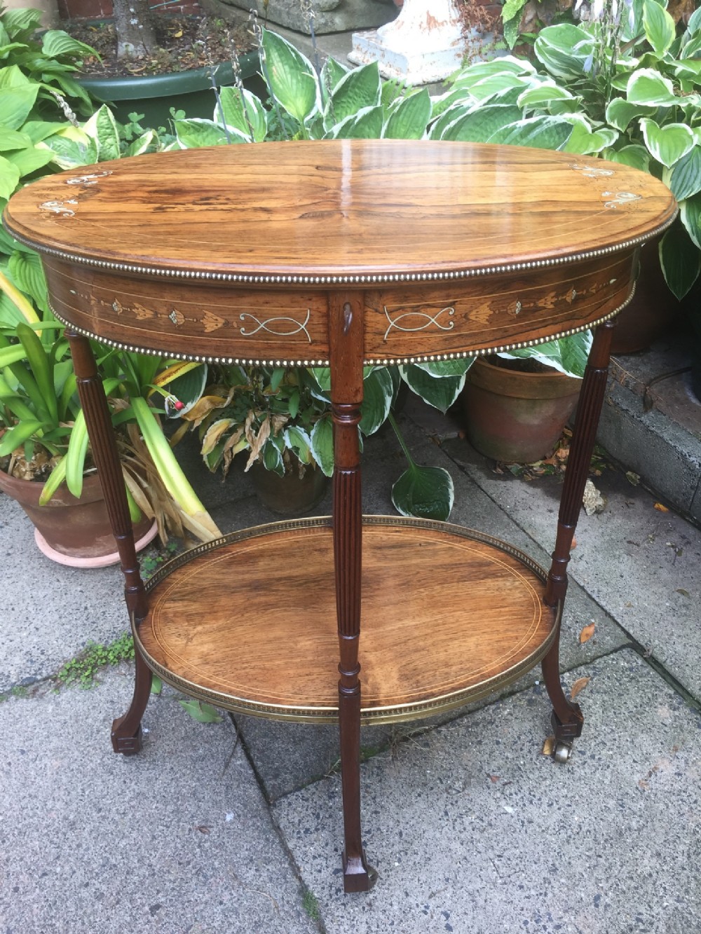 fine quality late c19th oval rosewood bijouterie table with boxwood and bone inlay by james shoolbred colondon