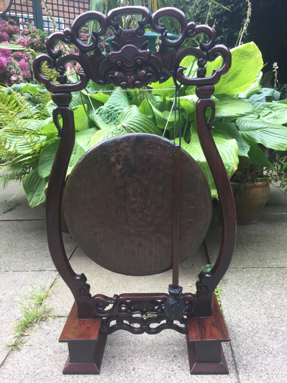 late c19th chinese qing dynasty carved hardwoodframed bronze gong