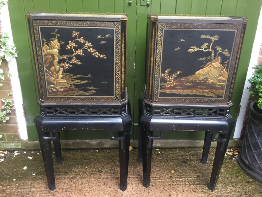 fine and decorative pair of c19th chinoiserie lacquer cabinetsonstands