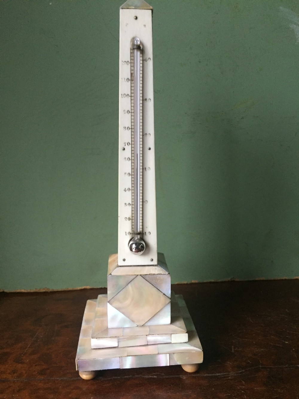 c19th 'mother of pearl' or nacreshell veneered desktop obelisk thermometer