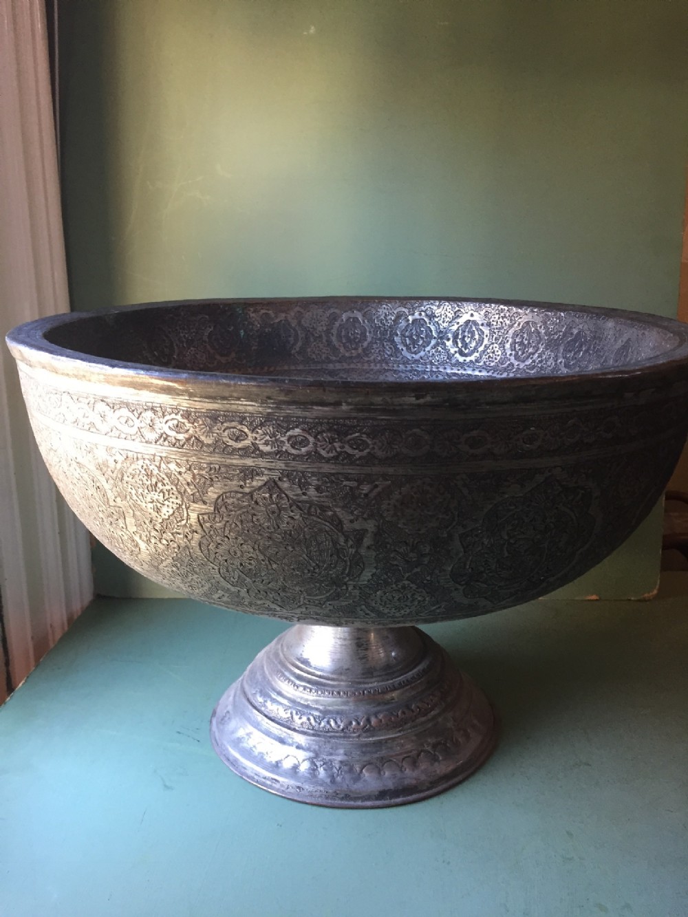large c19th persian qajar dynasty 'tinned copper' footed bowl