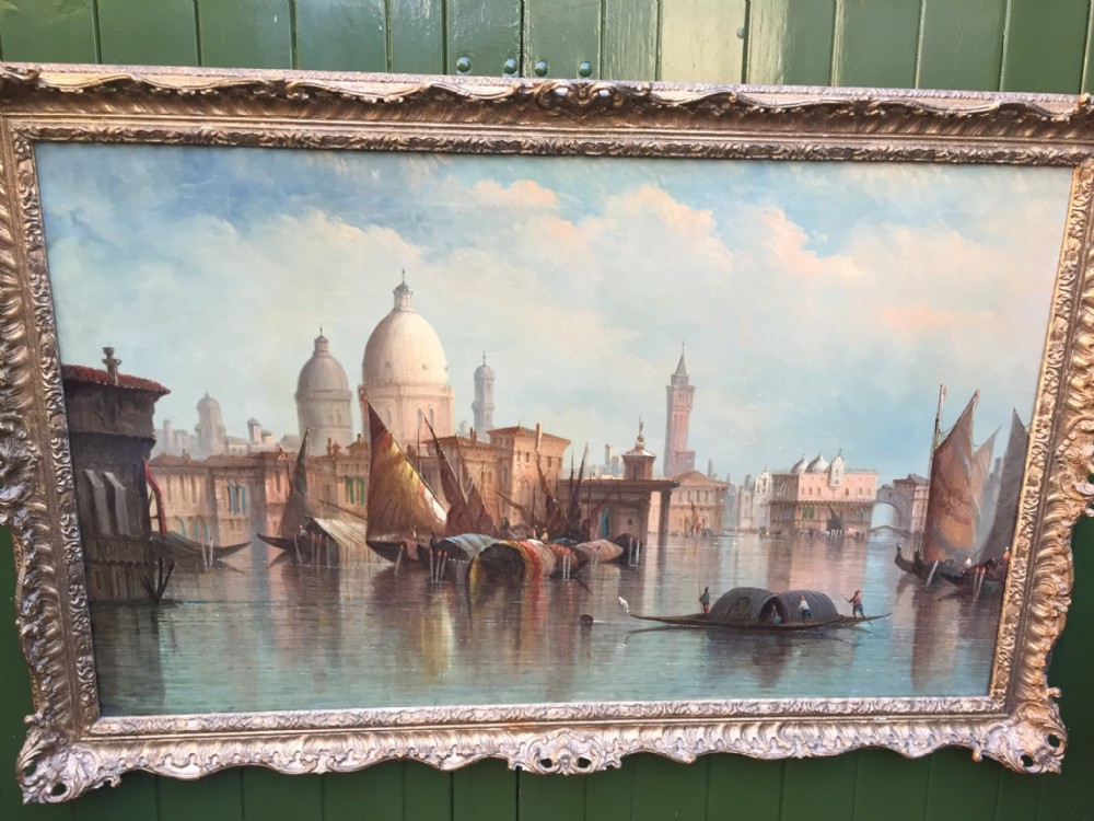 c19th oil painting on canvas by st john mulholland venice in carved and pierced giltwood frame