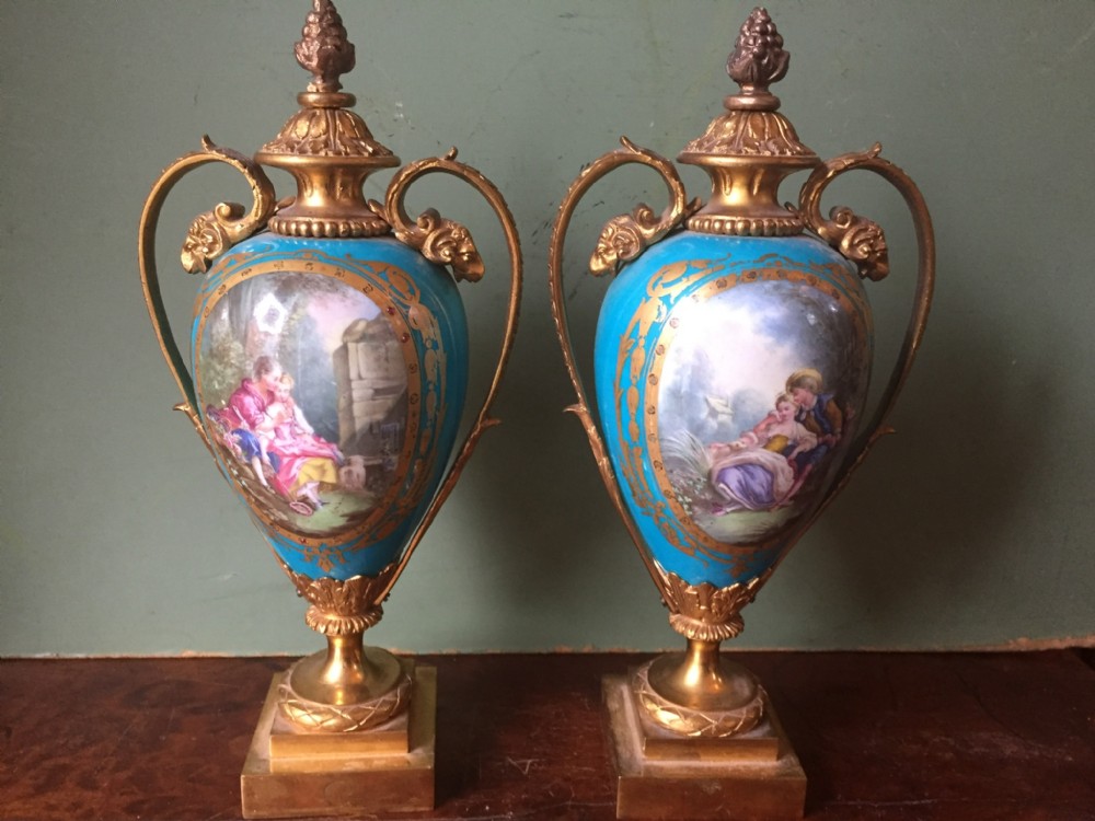 pair of late c19th french 'sevres' style porcelain vases with ormolu bronze mounts