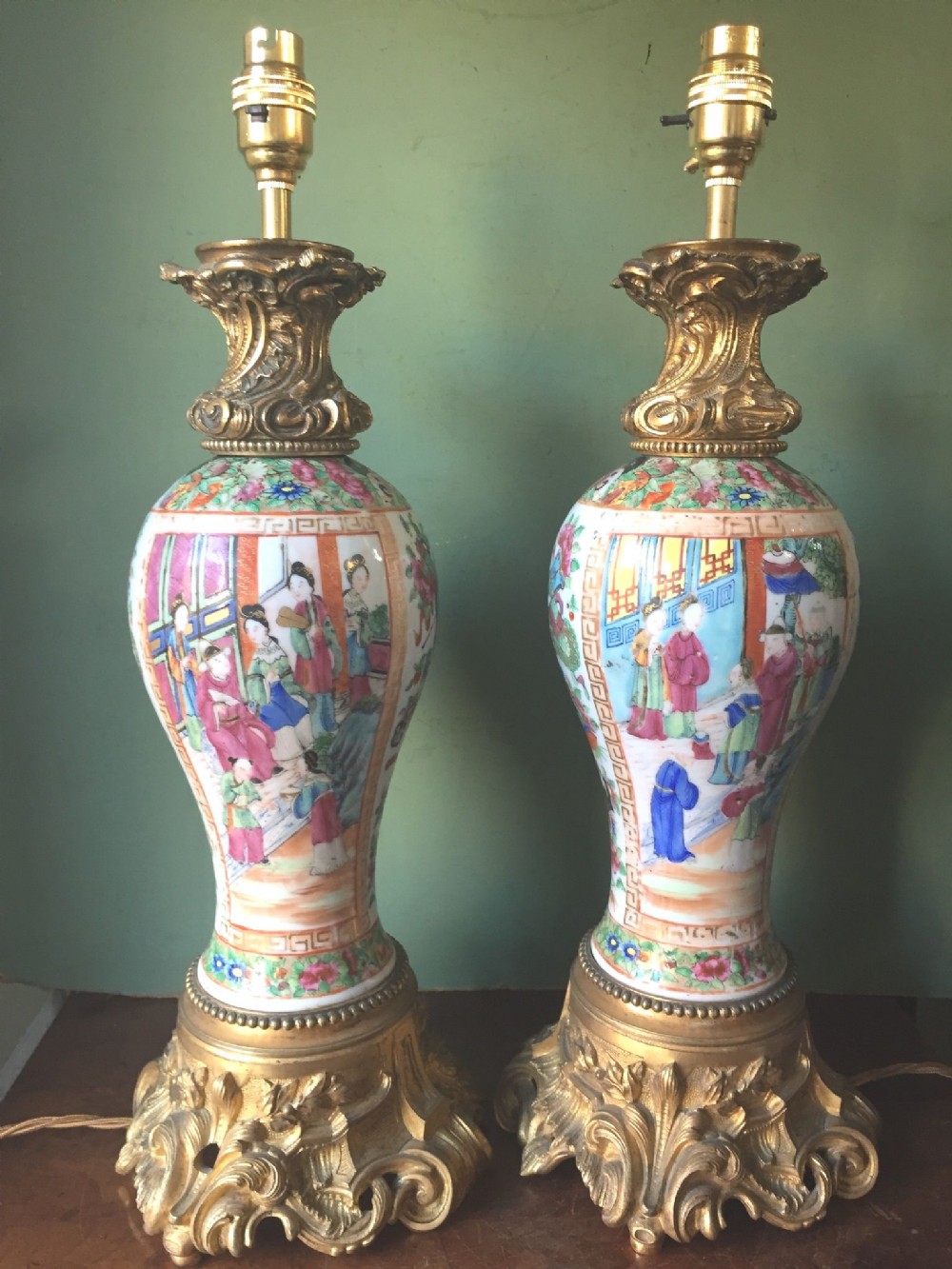 pair of mid c19th chinese ormolumounted cantonese porcelain lamps
