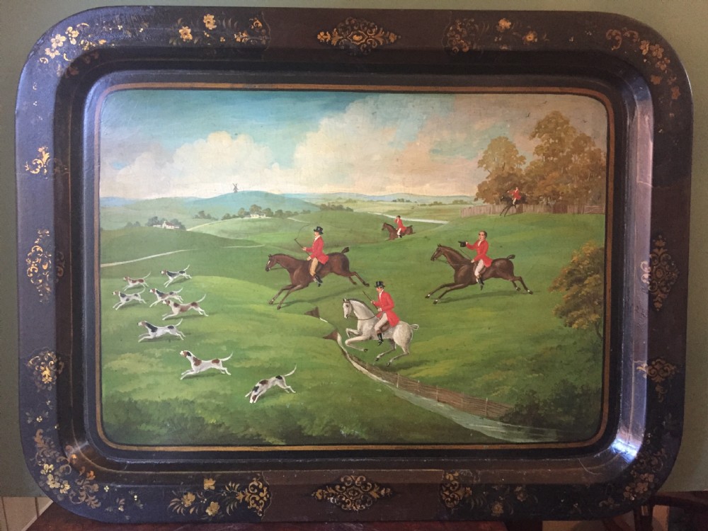 fine and rare early c19th papiermch tray painted with a landscape hunting scene by jennens bettridge