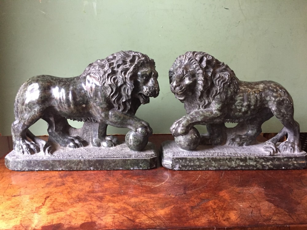 fine pair of c19th italian carved serpentine marble 'grand tour' souvenir models of the medici lions after the antique