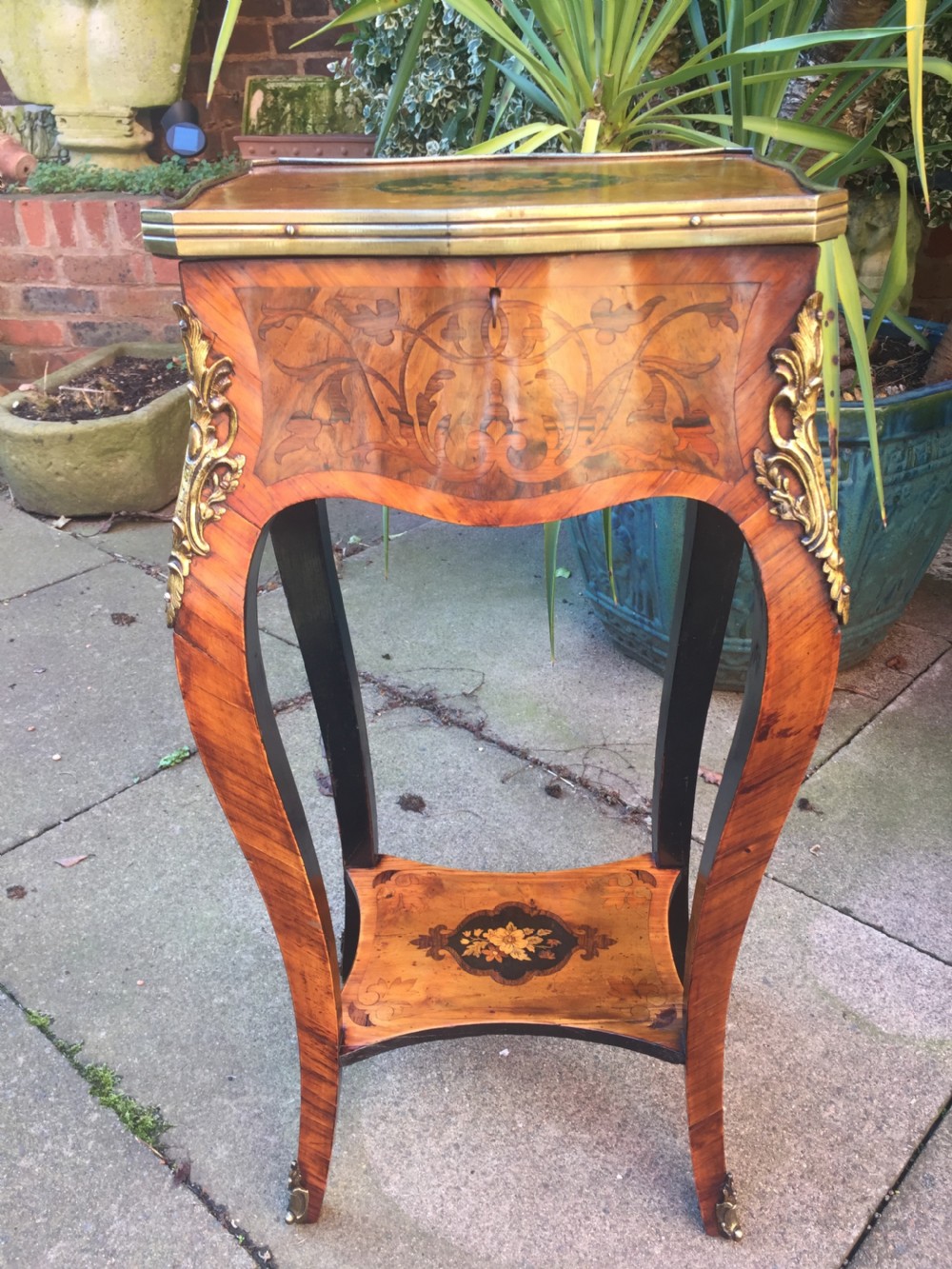 c19th french walnut kingwood and marquetry ormolumounted side table or tricoteuse of louis xvi design