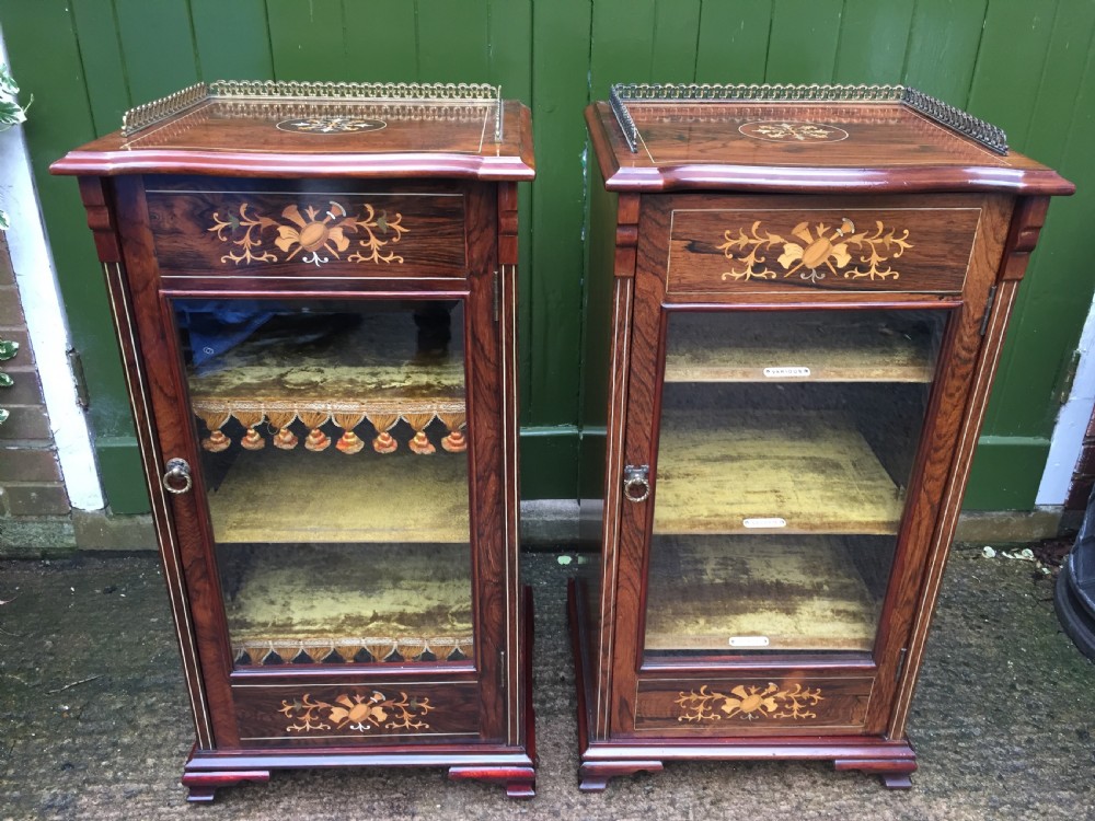 matching pair of highquality edwardian period inlaid figured rosewood music cabinets