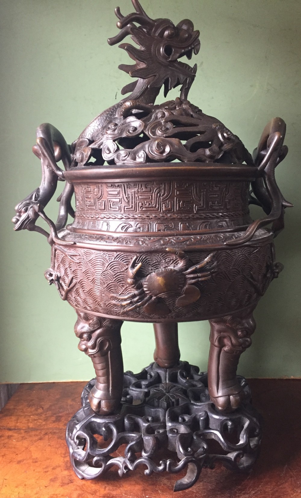 c19th chinese qing dynasty cast bronze 'dragon' censer or incense burner and cover on original carved hardwood stand