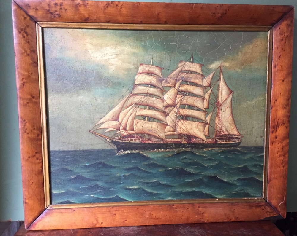 charming mid c19th oilonboard painting of a 3masted ship possibly a tea clipper in full sail upon a choppy sea