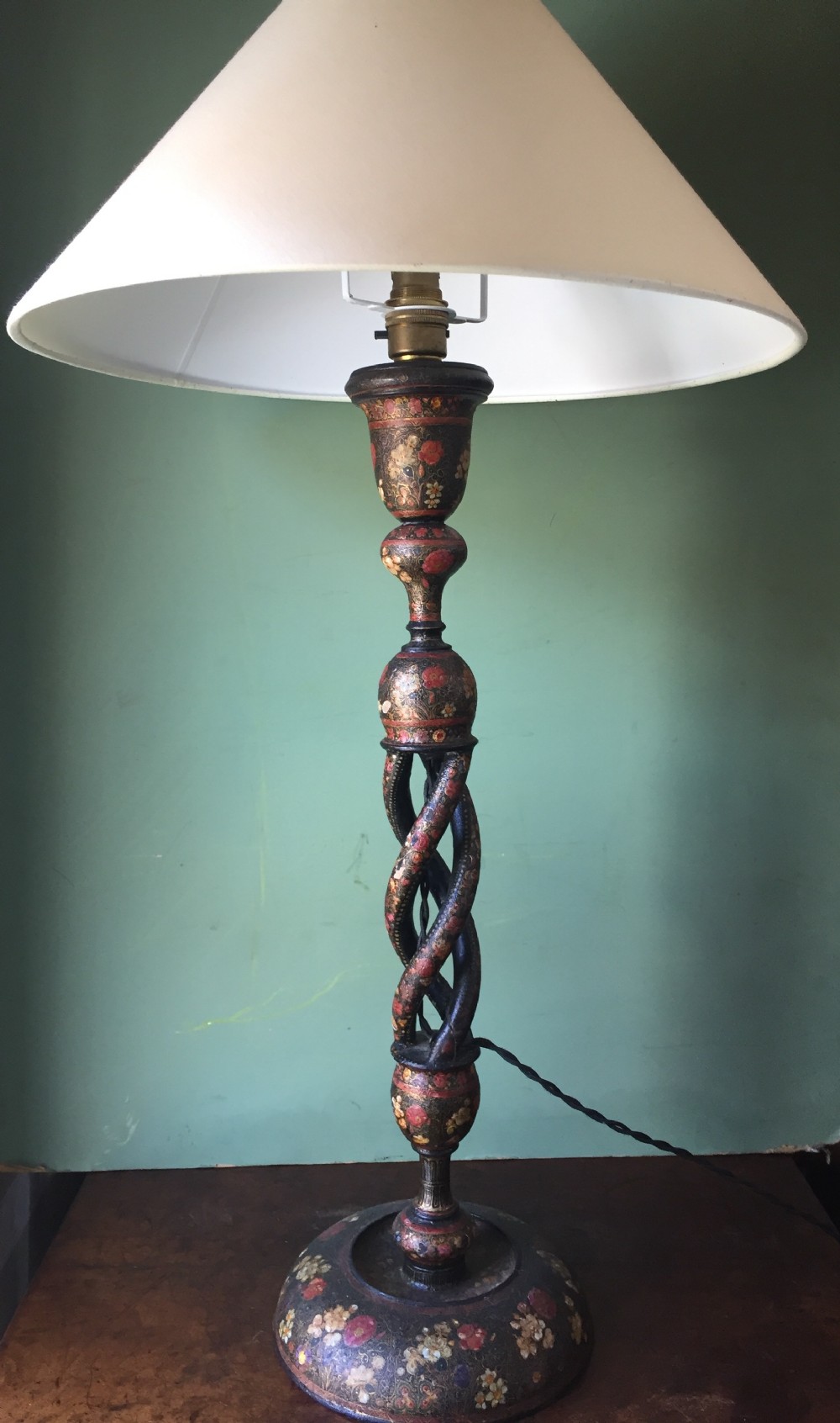 late c19th indian papiermch kashmiri decorated table lamp